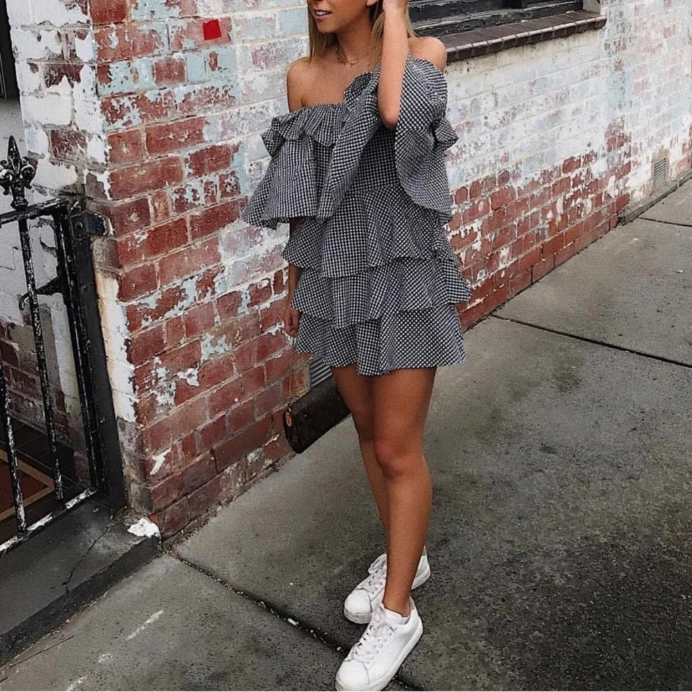 MLM Label Porte Off Shoulder Ruffle Dress in Black Utopia Check - NEW - Small